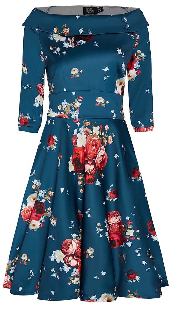 fitted lace wedding dress Deborah Long Sleeved Tea Dress in Teal Blue Rose Floral Print