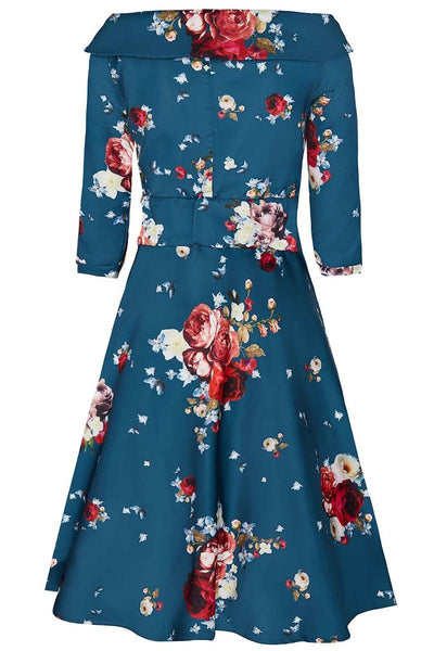 Deborah Long Sleeves Swing Tea Dress Teal Blue Red & Pink Roses