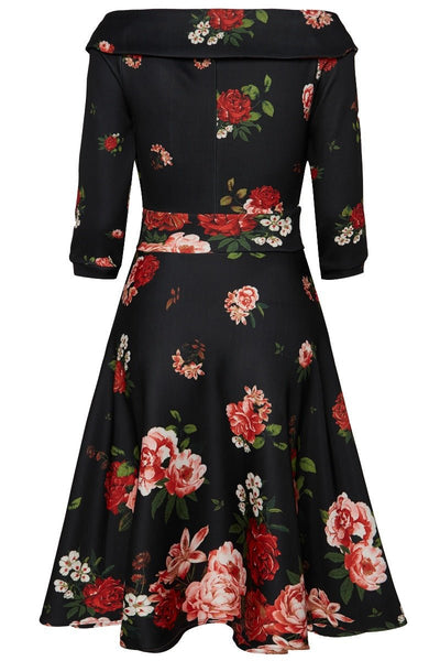 Deborah Flattering Swing Dress - Black with Raising Rose