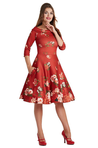 Deborah Flattering Long Sleeves Swing Dress Red & Raising Roses