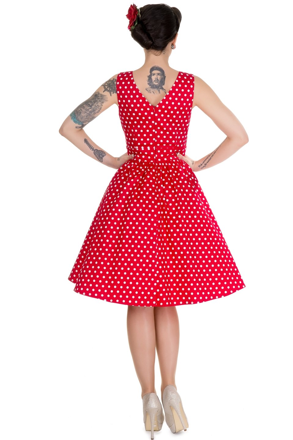 Model wearing our May crossover bust dress, in red/white polka dot print, back view