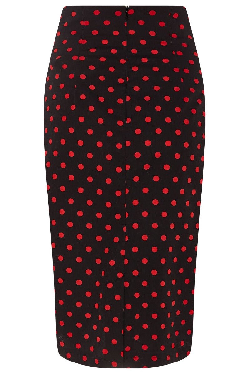 Falda pencil wiggle skirt, in black, with red polka dots, back view