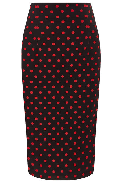 Falda pencil wiggle skirt, in black, with red polka dots, front view
