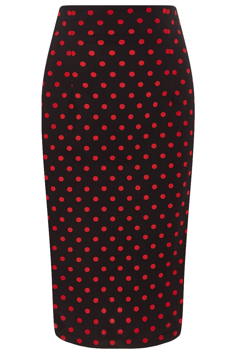 Falda pencil wiggle skirt, in black, with red polka dots, front view