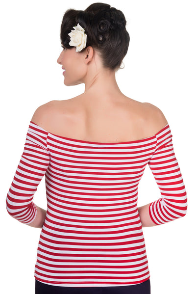 Model wearing our gloria off-shoulder red and white striped top, back view