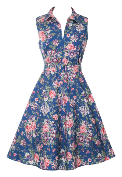 Poppy shirt dress in blue/pink floral print, front view