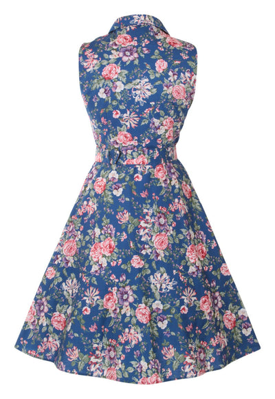 Poppy shirt dress in blue/pink floral print, back view