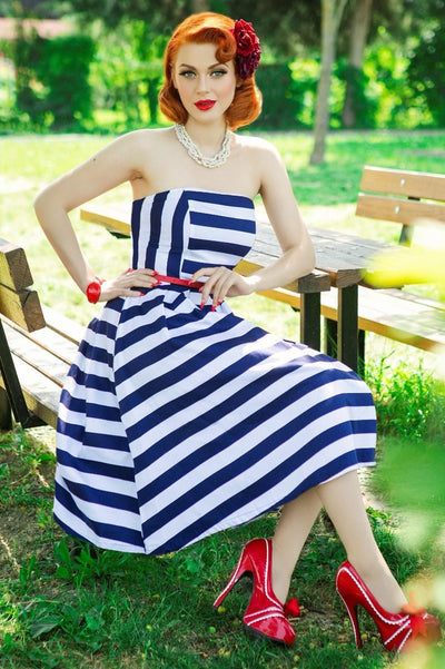 Women's Stripe 50s Style Strapless Swing Dress in Blue/White