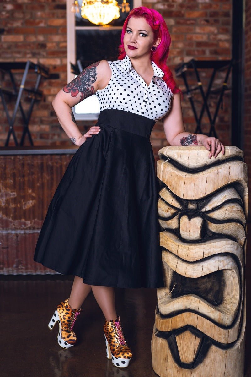 Lisa Polka Dot Shirt Collar Swing Dress in White/Black