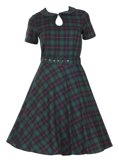 Evelyn Retro Check Swing Dress in Green, front view