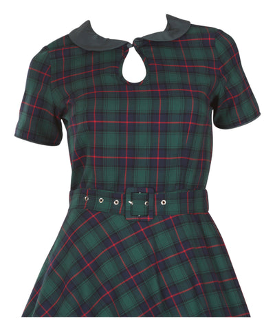Evelyn Retro Check Swing Dress in Green, close up view