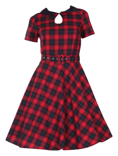 Evelyn Retro Check Swing Dress in Red/Blue, front view