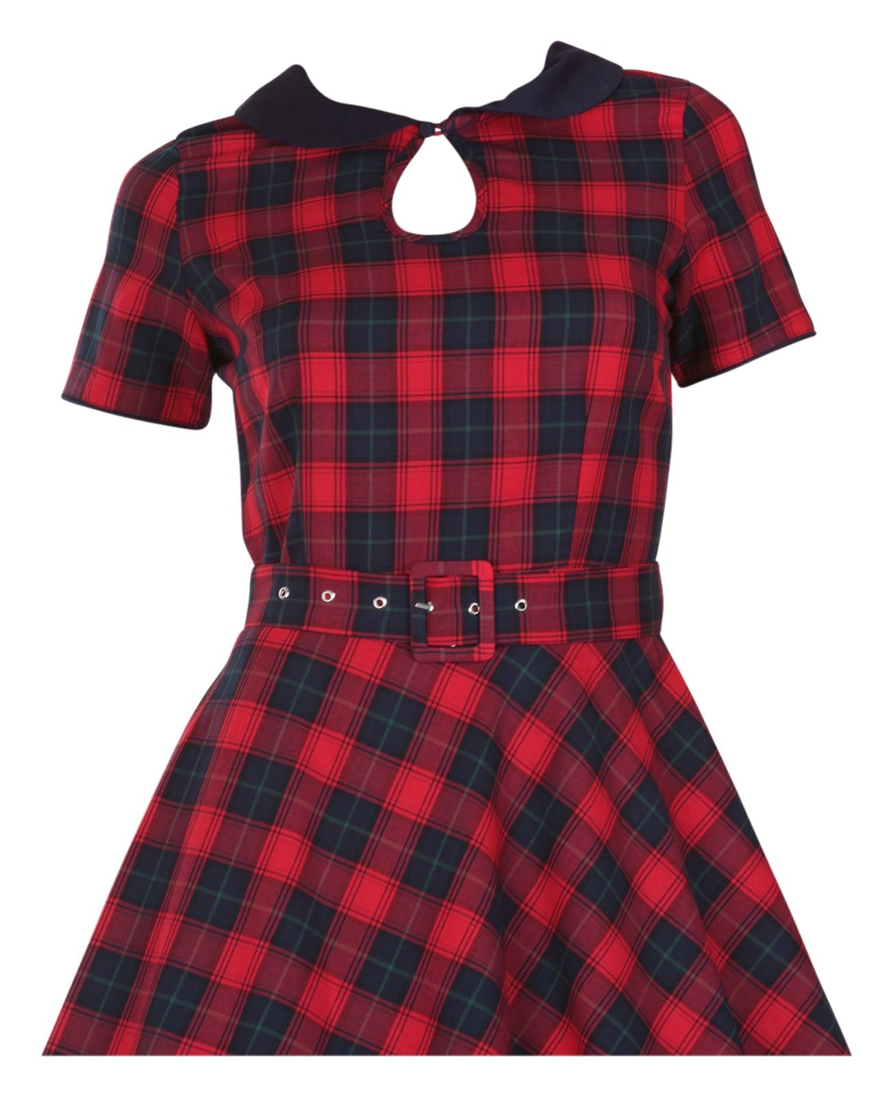 Evelyn Retro Check Swing Dress in Red/Blue, close up view