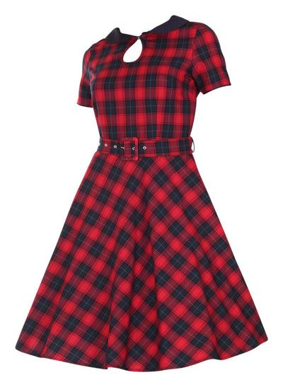 Evelyn Retro Check Swing Dress in Red/Blue, side view