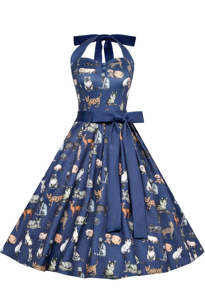 Woman's Halter Neck Blue Cat Swing Dress
