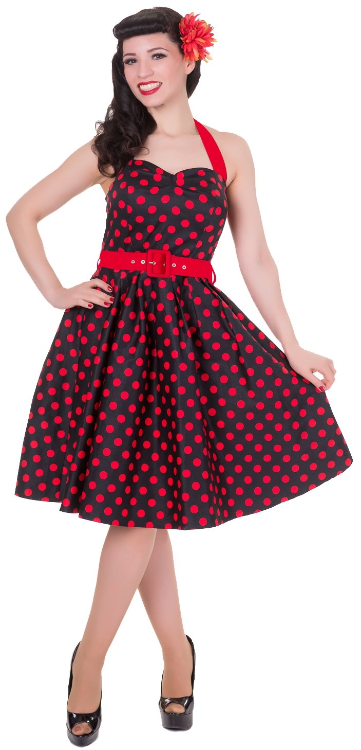Model wearing our Sophie halterneck dress in black, with red polka dots, front view