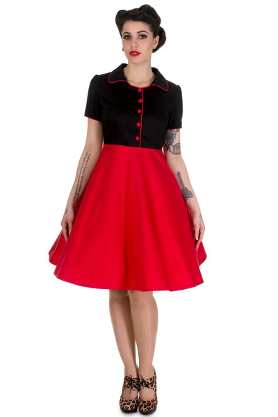 Model wearing our Penelope black and red diner dress, front view
