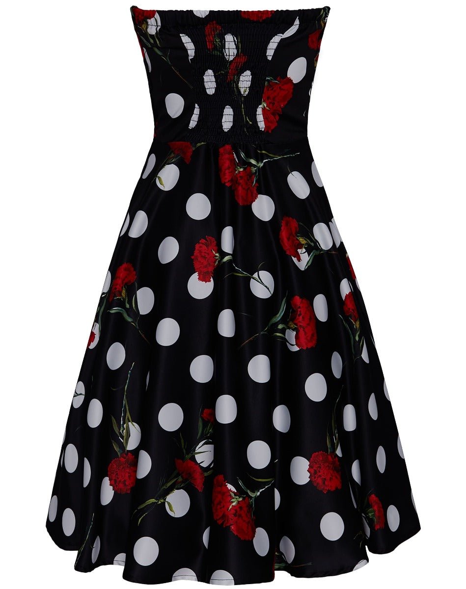 Melissa Retro Rockabilly Dress in Black with Red Flowers & White Polka