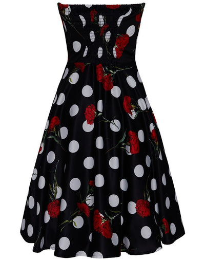 Melissa Retro Rockabilly Dress in Black with Red Flowers & White Polka