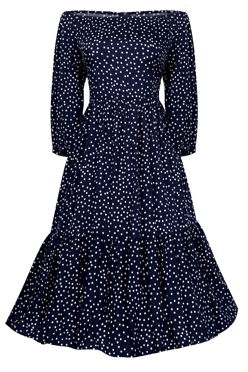 Sonia Floaty Day Dress in Navy & White Polka Dots