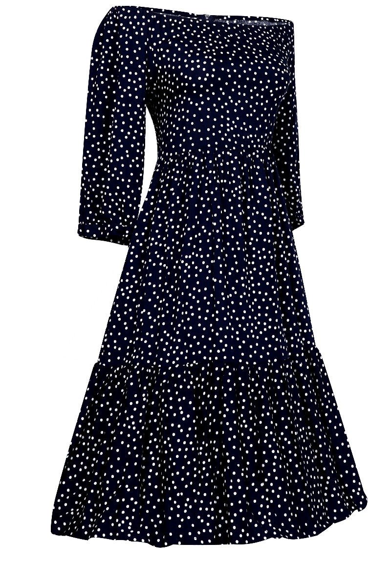 Sonia Floaty Day Dress in Navy & White Polka Dots