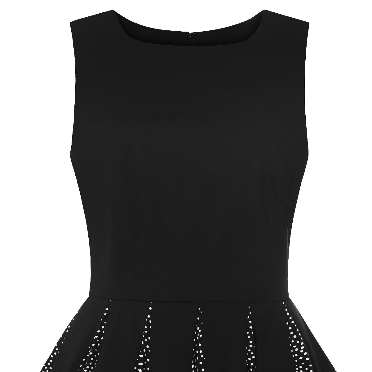 Judith sleeveless dress, in black, with white polka dots on alternate skirt panels, close up view