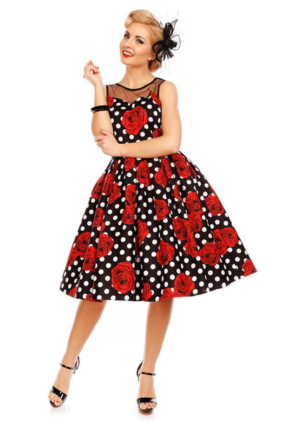 Vintage Style Polka Roses Party Dress in Black/Red