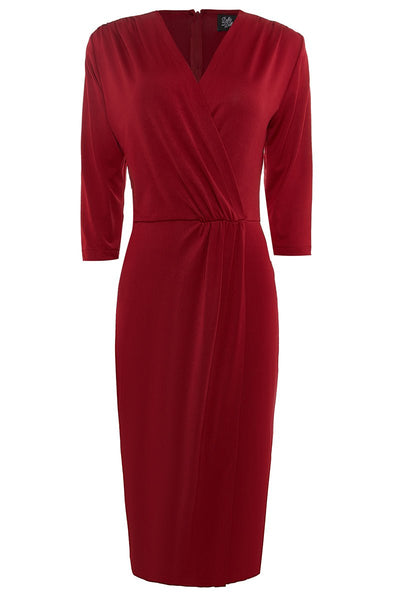 Harper wrap over dress in burgundy red, front view