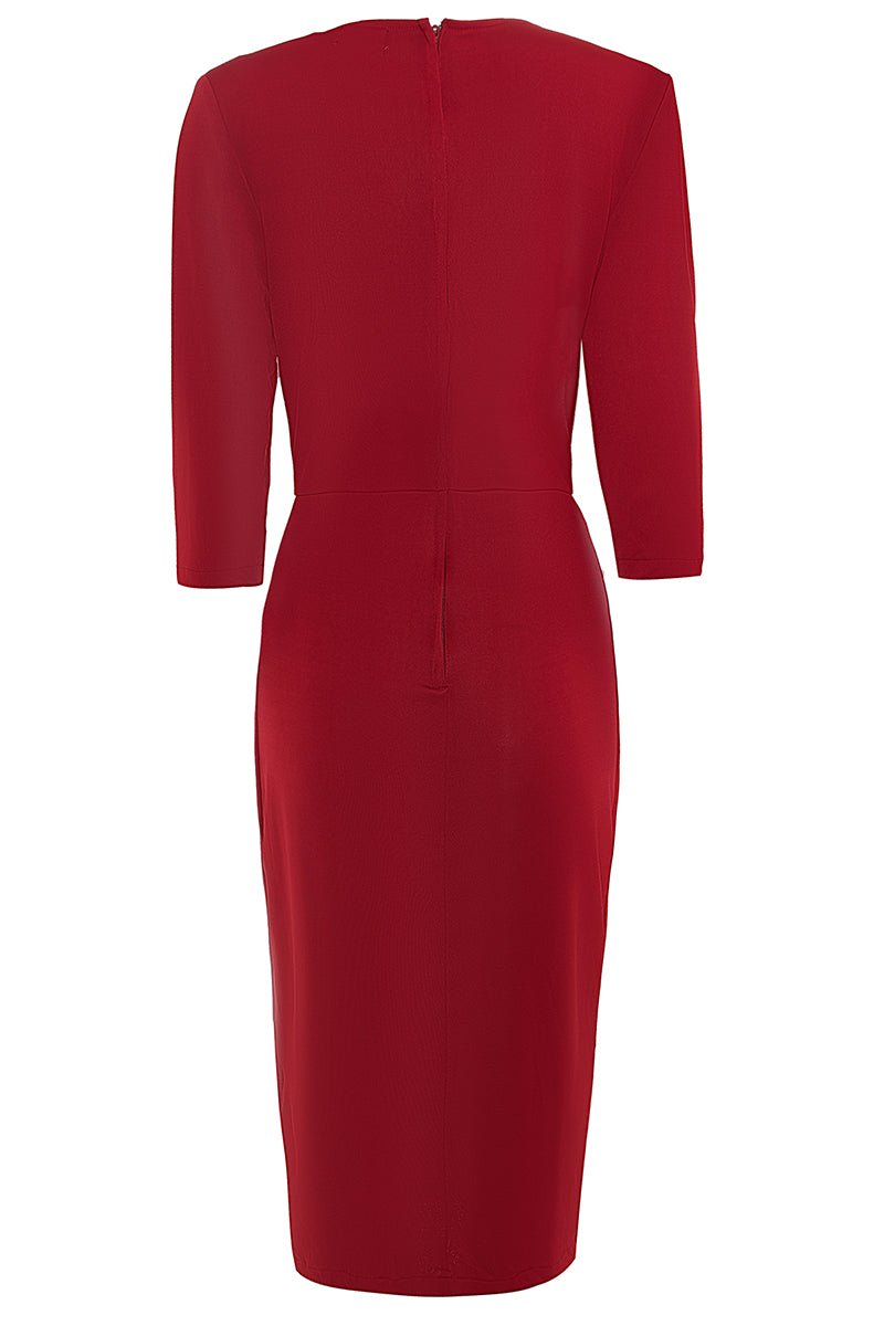 Harper wrap over dress in burgundy red, back view