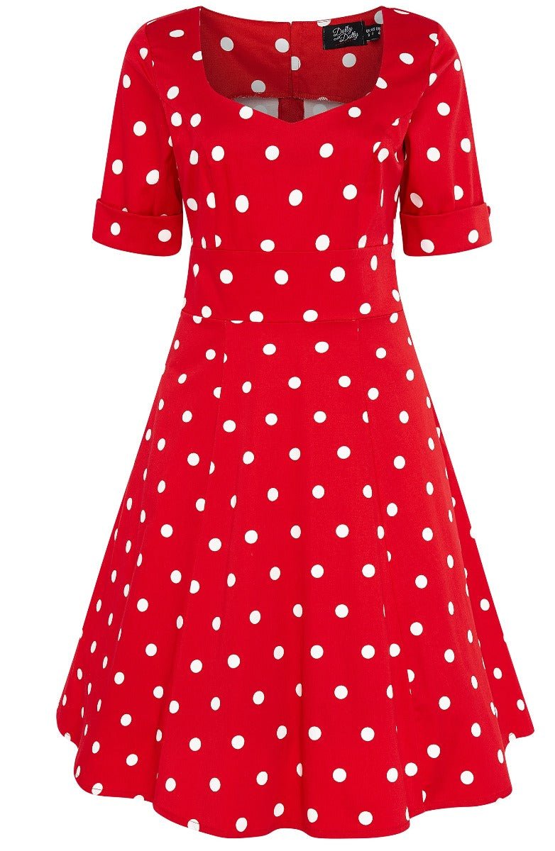 Barbara Sweetheart Neckline Short Sleeved Dress Red-White Polka