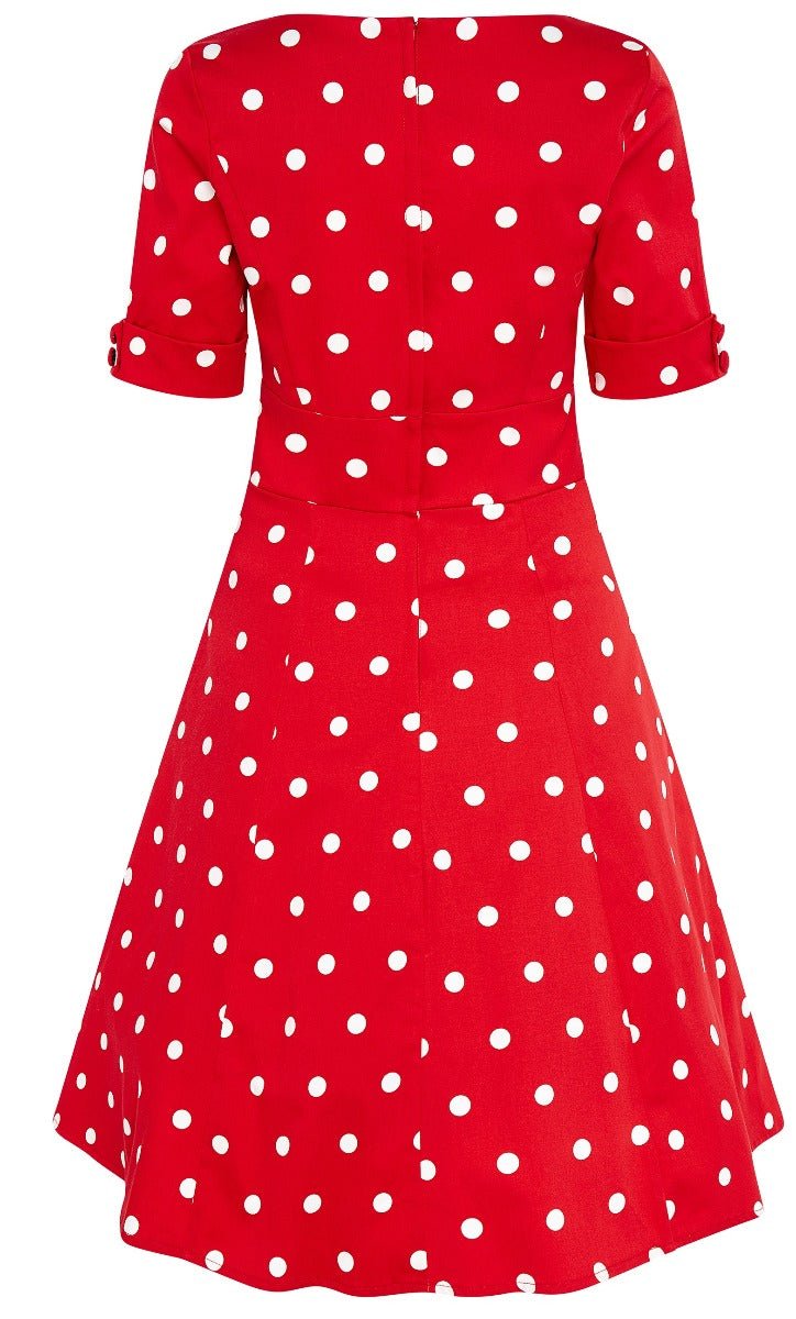Barbara Sweetheart Neckline Short Sleeved Dress Red-White Polka