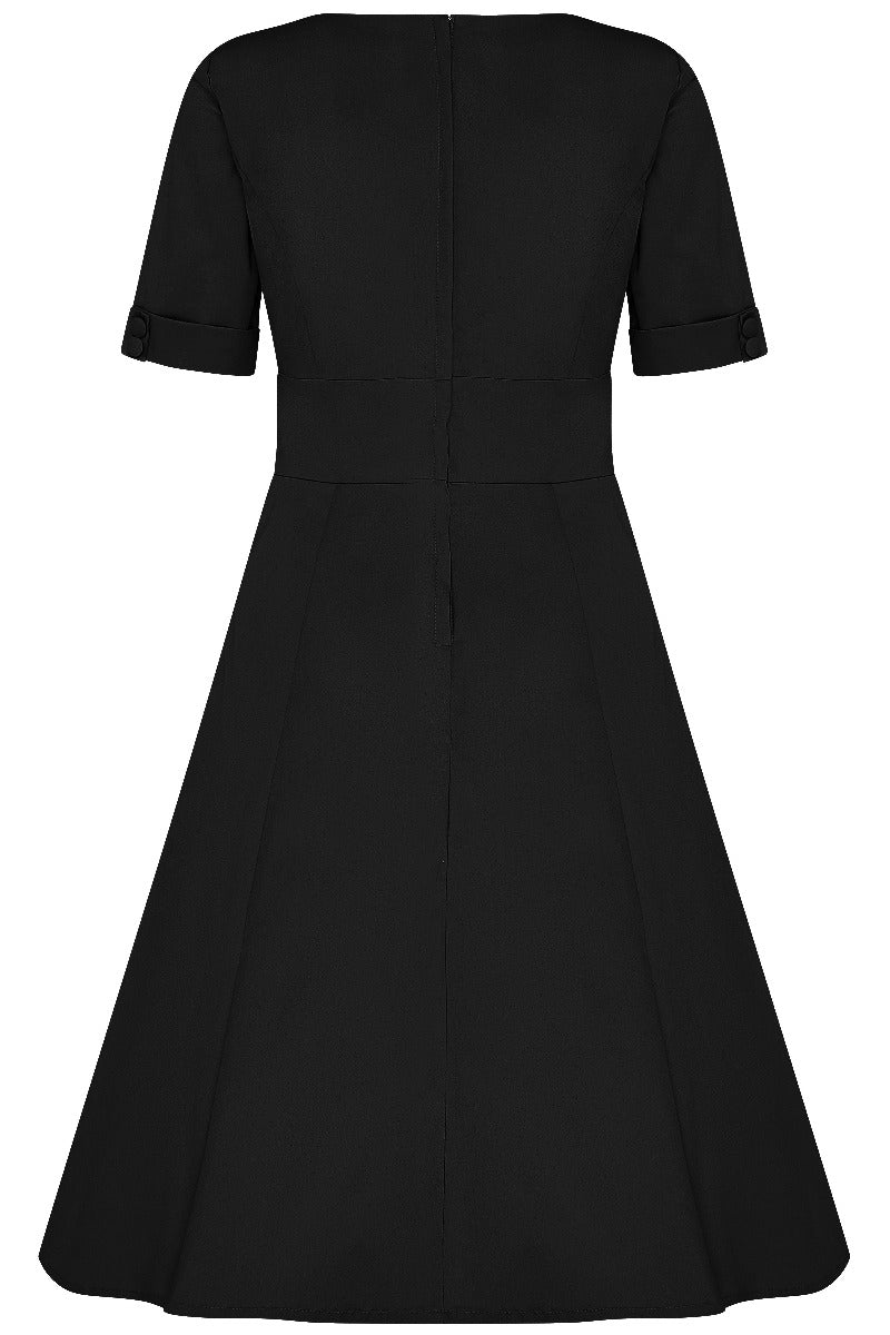 Barbara short sleeved flared dress, in black, back view