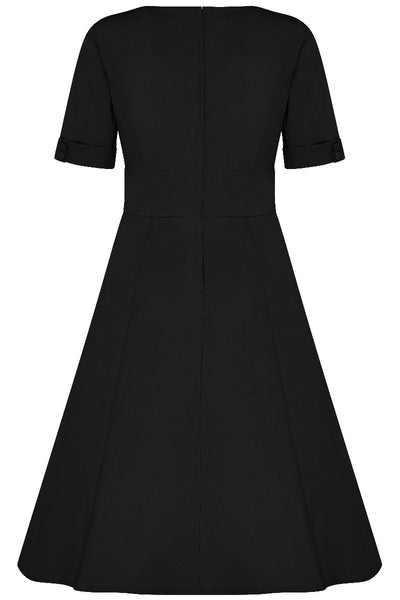 Barbara short sleeved flared dress, in black, back view