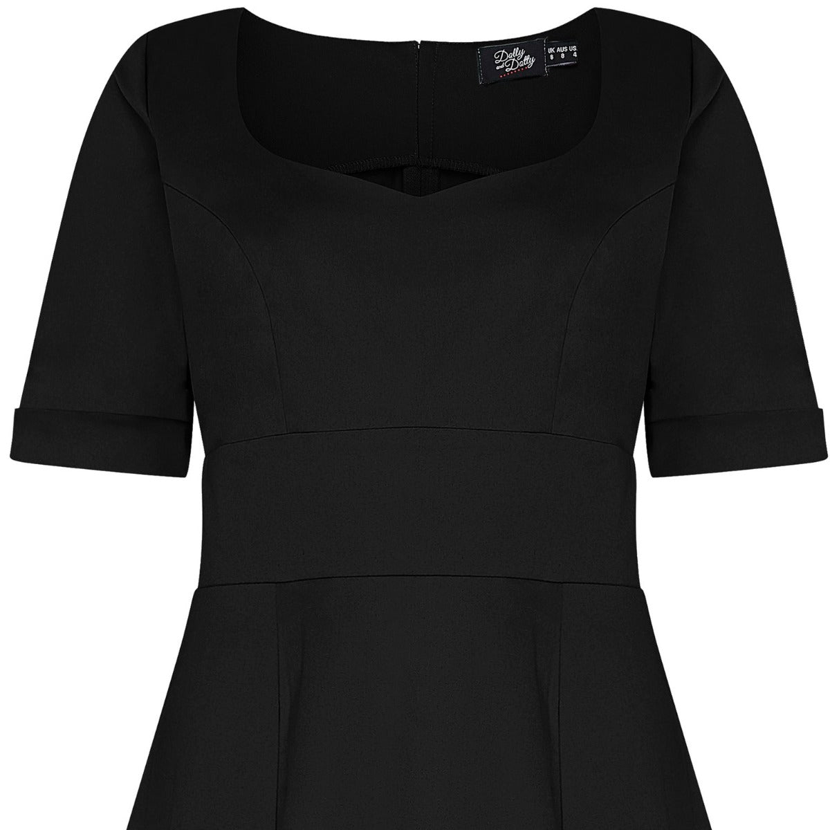Barbara short sleeved flared dress, in black, close up view