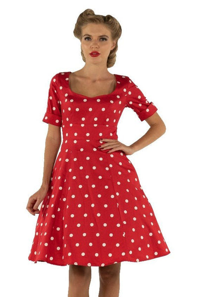 Barbara Sweetheart Neckline Short Sleeved Dress Red-White Polka