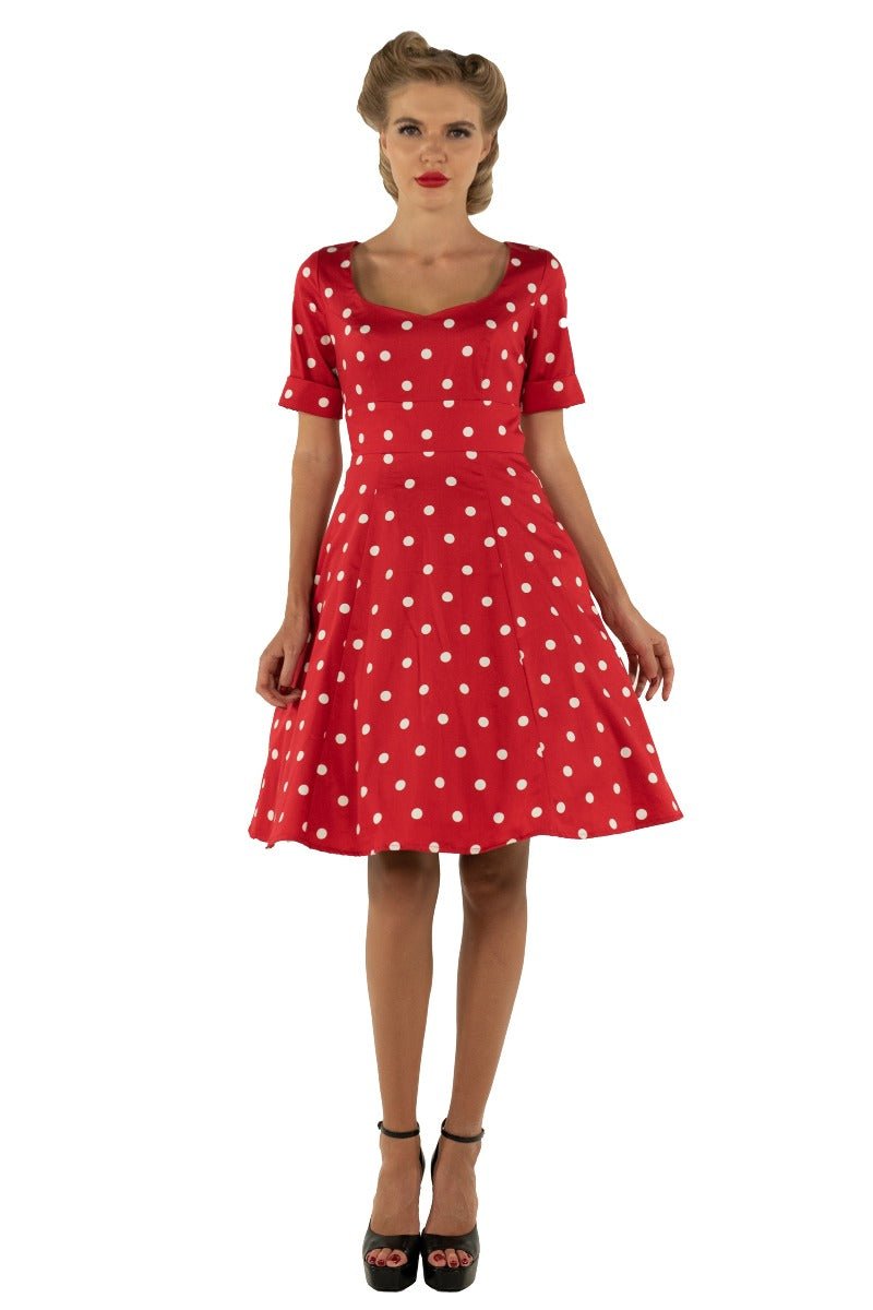 Barbara Sweetheart Neckline Short Sleeved Dress Red-White Polka