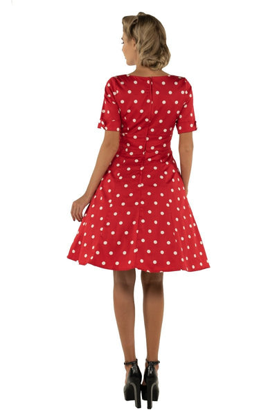 Barbara Sweetheart Neckline Short Sleeved Dress Red-White Polka