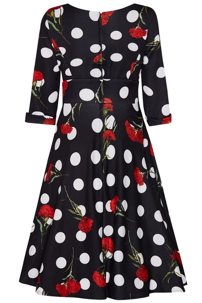 Debra 3-4-Sleeved Stretchy Black Dress Polka Dot & Roses