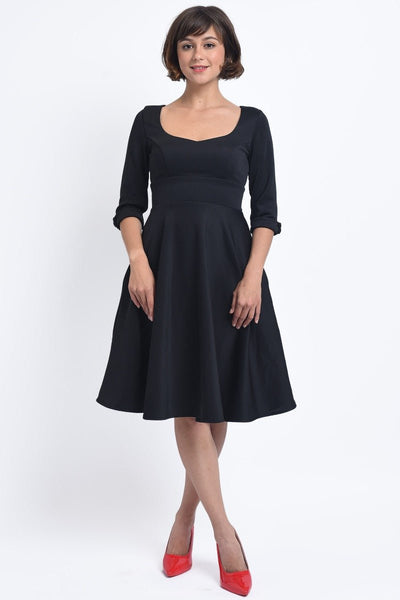 Debra Sweetheart Neckline Long Sleeves Stretchy Tea Dress Black