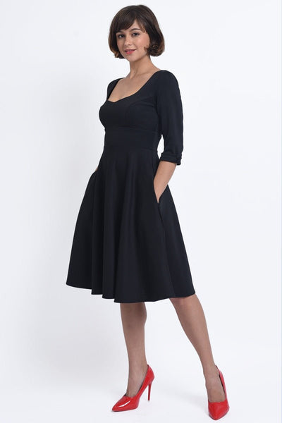 Debra Sweetheart Neckline Long Sleeves Stretchy Tea Dress Black