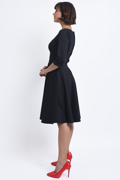 Debra Sweetheart Neckline Long Sleeves Stretchy Tea Dress Black