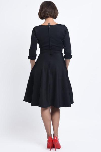 Debra Sweetheart Neckline Long Sleeves Stretchy Tea Dress Black