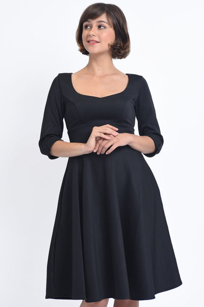 Debra Sweetheart Neckline Long Sleeves Stretchy Tea Dress Black