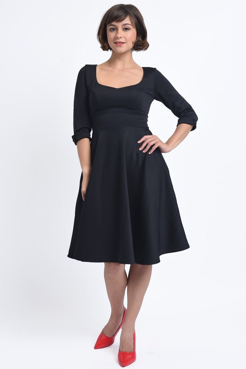 Debra Sweetheart Neckline Long Sleeves Stretchy Tea Dress Black