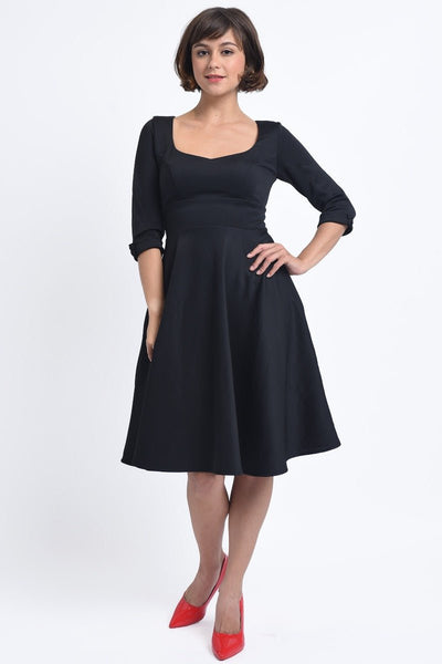 Debra Sweetheart Neckline Long Sleeves Stretchy Tea Dress Black