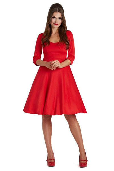 Woman's Sweetheart Neckline Long Sleeves Stretchy Swing Dress Red