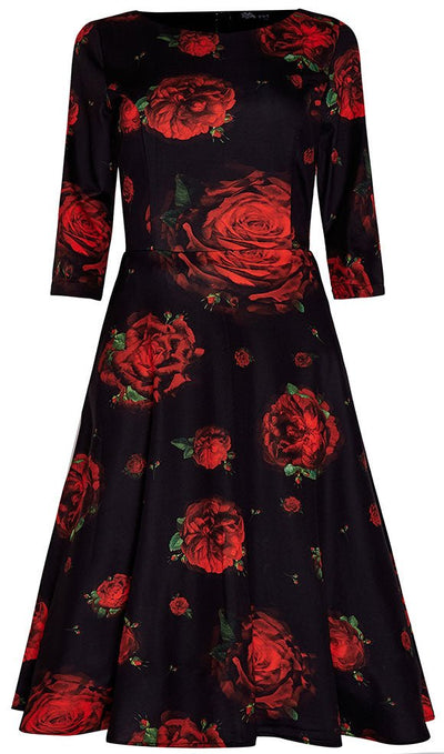Janet Vintage Long Sleeved Flared Dress in Black/Red Roses