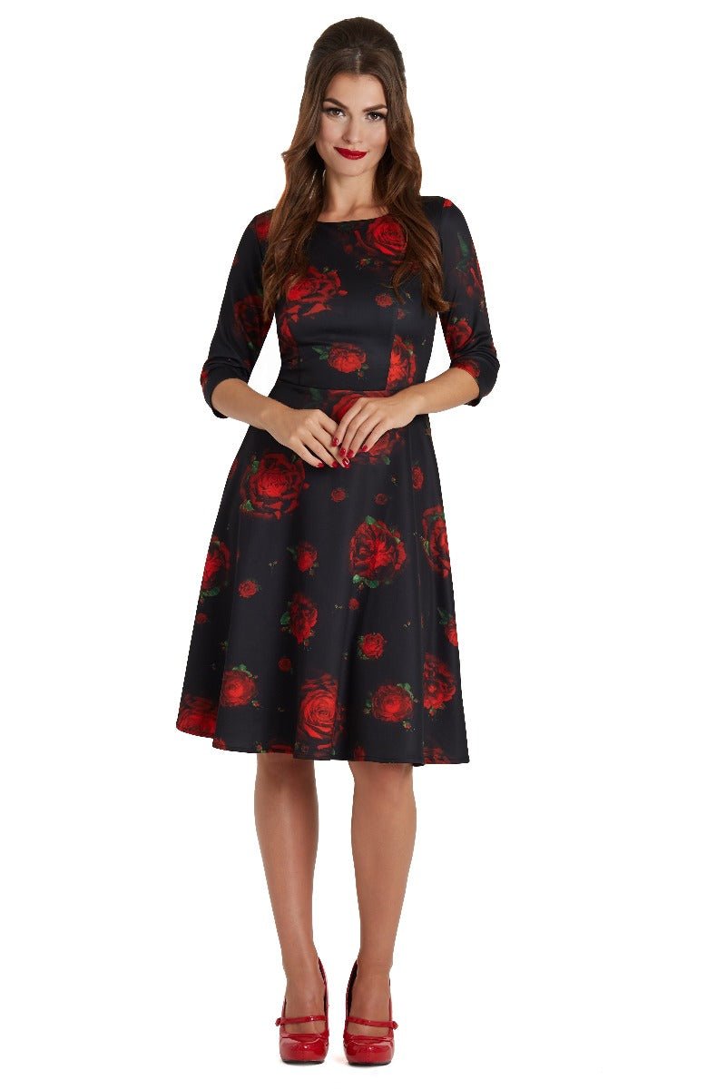 Janet Vintage Long Sleeved Flared Dress in Black/Red Roses