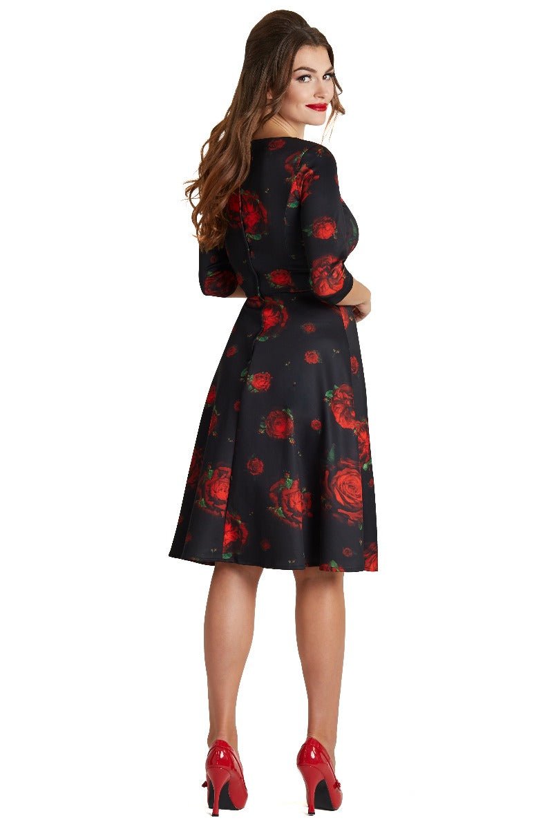 Janet Vintage Long Sleeved Flared Dress in Black/Red Roses