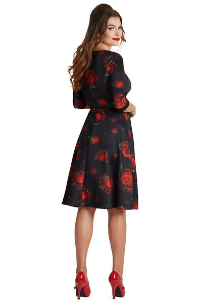 Janet Vintage Long Sleeved Flared Dress in Black/Red Roses